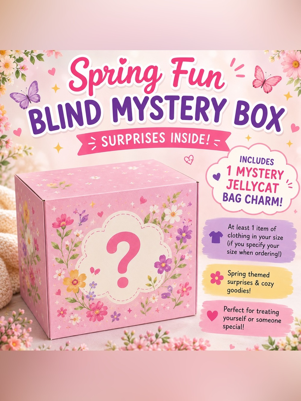 Spring Fun Blind Mystery Box 🌸 Includes 1 SURPRISE JELLYCAT BAG CHARM (NWT)!